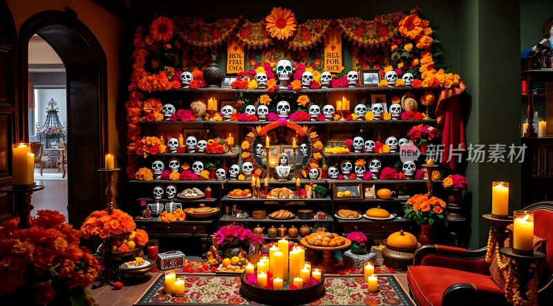 万圣节祭坛骷髅与鲜花共舞蜡烛点亮神秘之夜