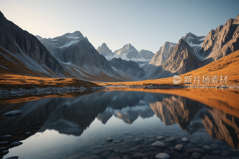 山倒映在有岩石和草的湖中高清风景图片