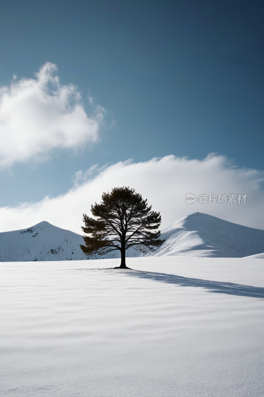 雪原中央一棵孤树高清风景图片