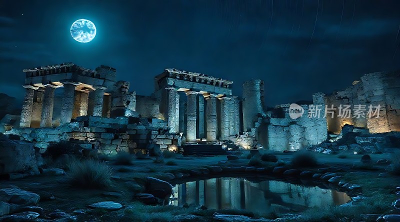 月下古建筑遗迹