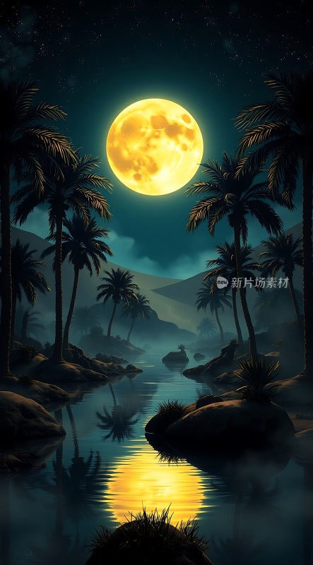 椰林月影映水波