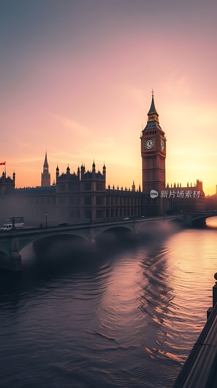 伦敦黄昏映照泰晤士河畔美景