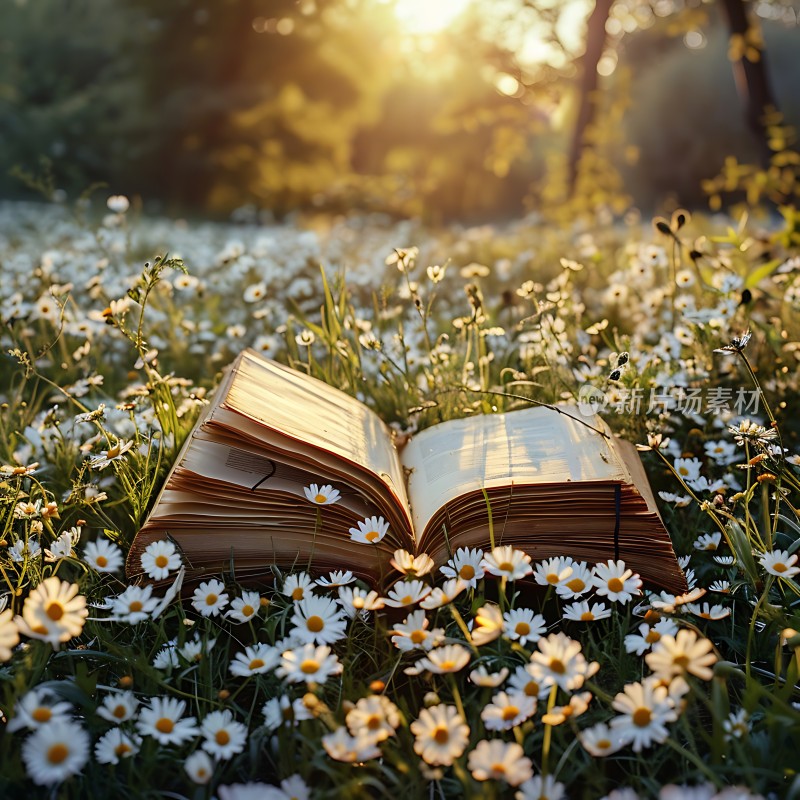 阳光下的书页与雏菊