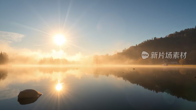 晨曦映照下的静谧湖面