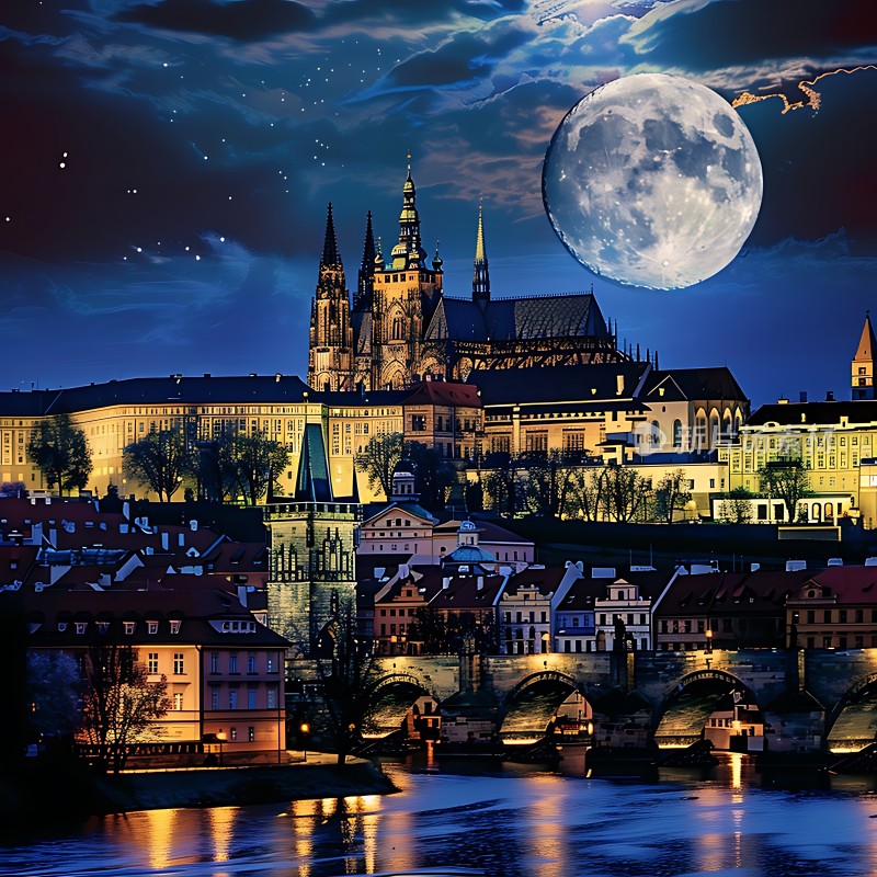 夜幕下的布拉格城堡与查理大桥