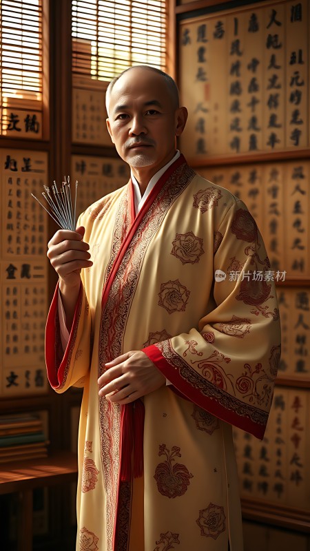 针灸大师身着传统服饰手持银针背景是书法作品