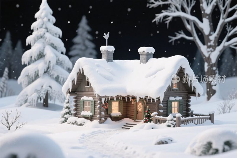 冬日雪景木屋插画