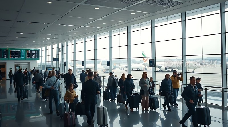 机场候机大厅旅客拖着行李箱排队等待登机