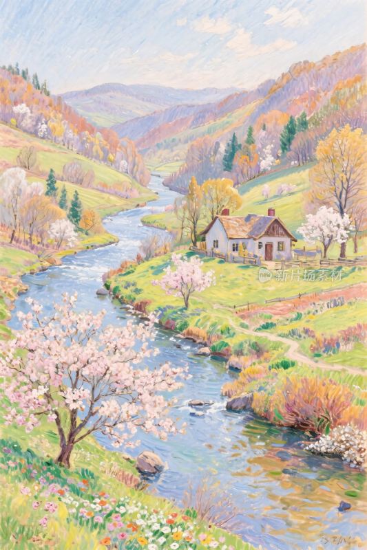 乡村溪流风景画