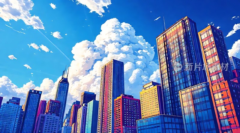 蓝天白云下的彩色摩天大楼群