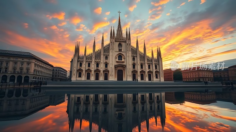 日落下的米兰大教堂倒影