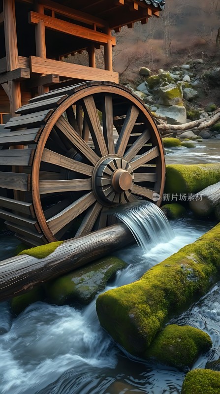 水车转动溪流潺潺