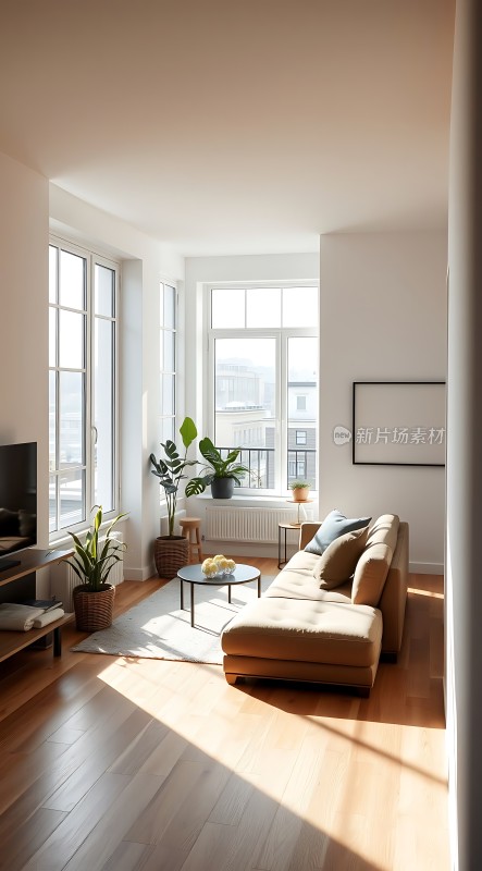 阳光洒满现代简约客厅绿植点缀温馨家居