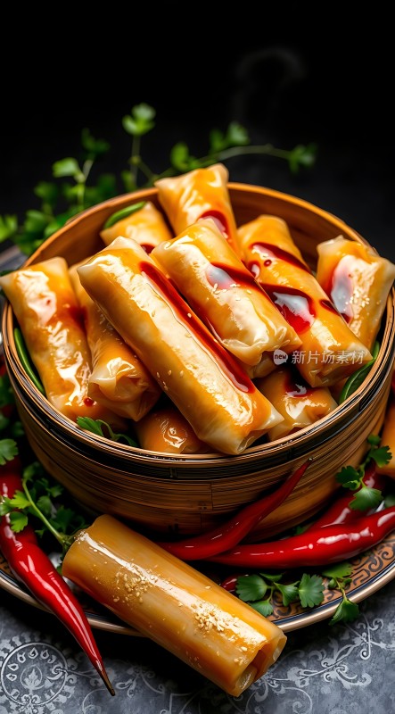 美味春卷诱人酱汁鲜辣点缀尽享美食盛宴！