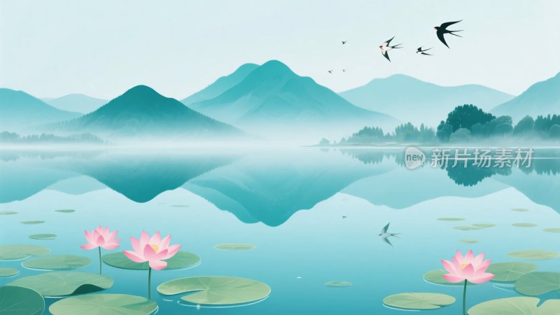 山水荷塘飞鸟插画美景