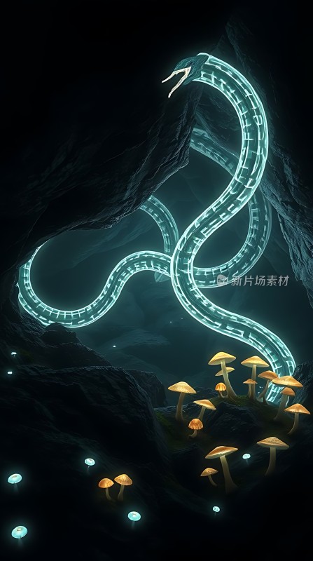 神秘洞穴中的荧光蛇与发光蘑菇