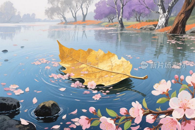 春日水面落叶樱花图