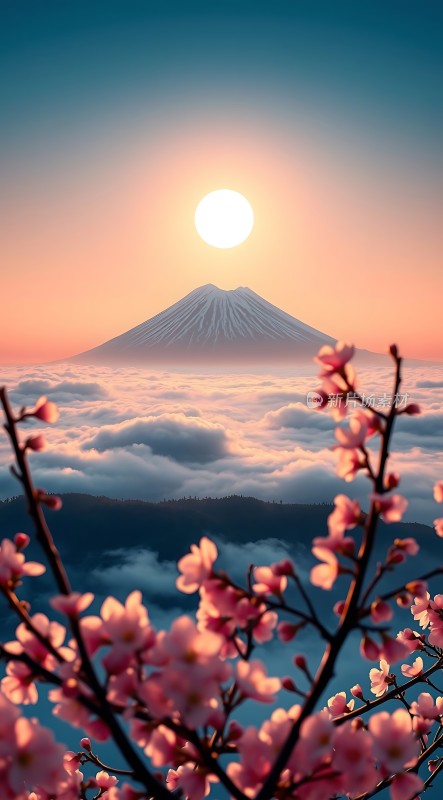 富士山樱花日出