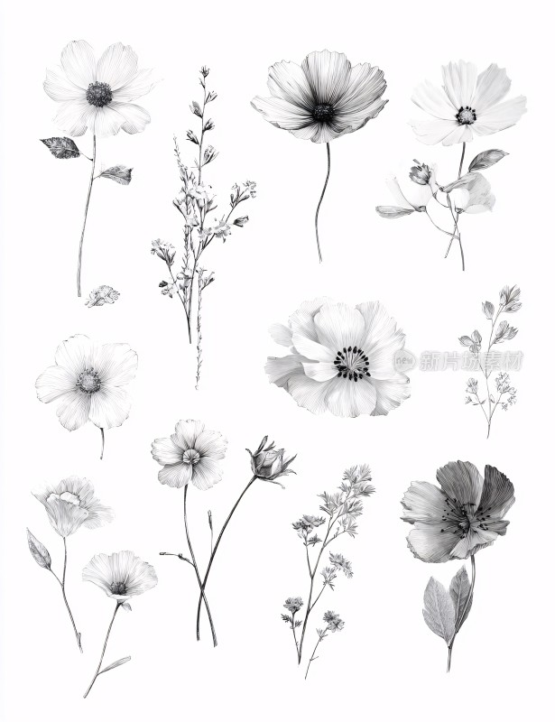 黑白花卉插画集合