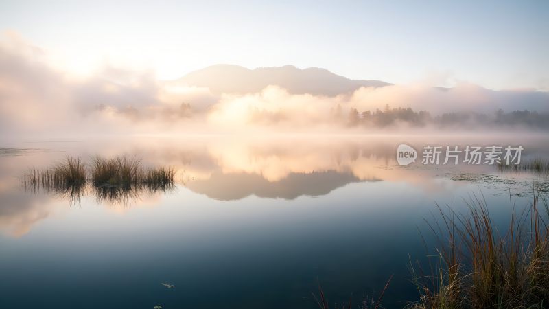 晨曦映照下的静谧湖面