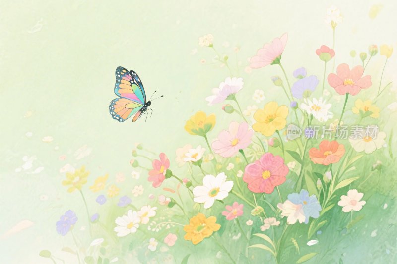 花丛中飞舞的彩色蝴蝶