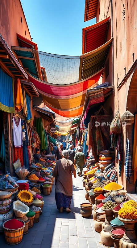 摩洛哥集市色彩斑斓的商品和热闹的人群