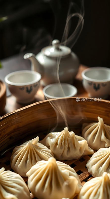 蒸笼里的美味包子搭配茶具诱人食欲