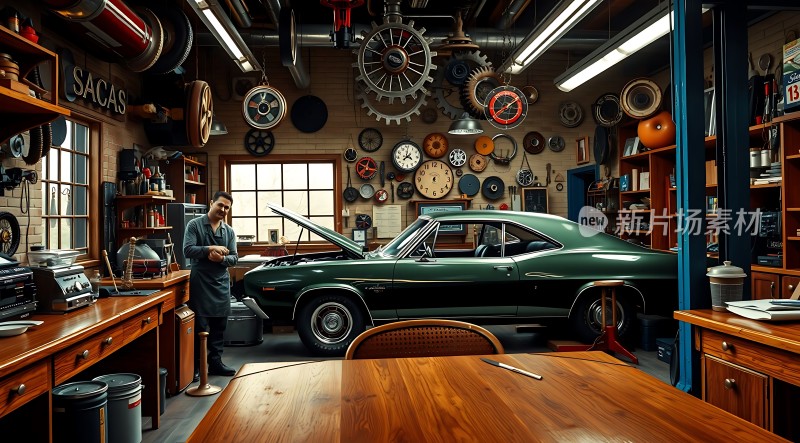 复古车库里的经典轿车与机械之美