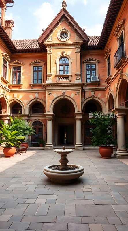 阳光下的欧式建筑庭院