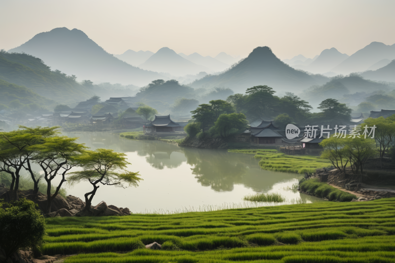 山和湖周围环绕着绿草和树木高清风景图片