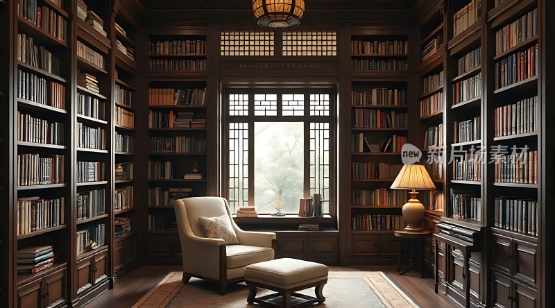 书架环绕的书房舒适座椅与柔和灯光营造宁静阅读空间