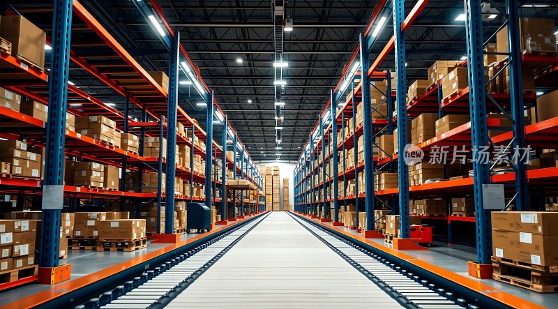 仓储物流中心整齐堆放的货物和传送带