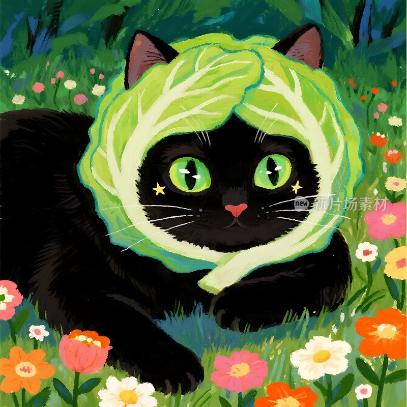 黑猫戴生菜头绿眼闪亮花丛中探出头