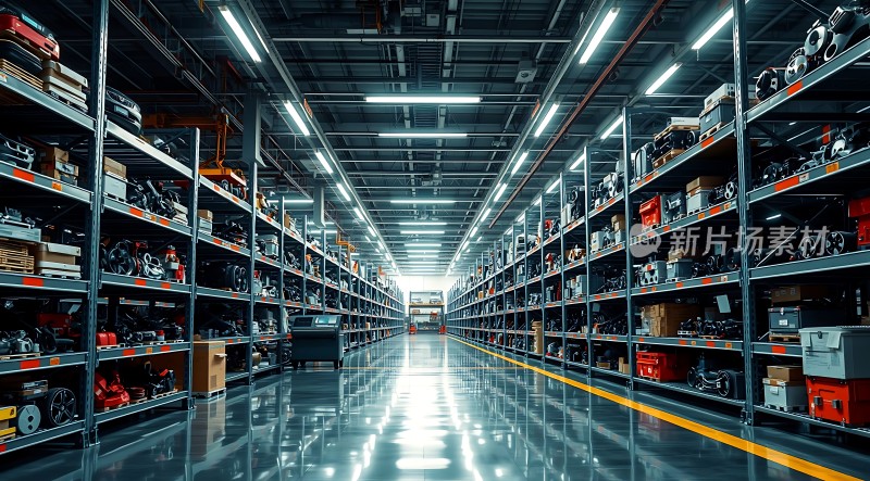 仓库深处机械零件整齐排列灯光照耀下金属光泽闪耀