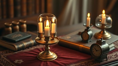 古铜烛台与蜡烛复古时钟与书籍