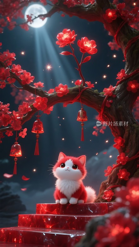 红猫月夜下的樱花树