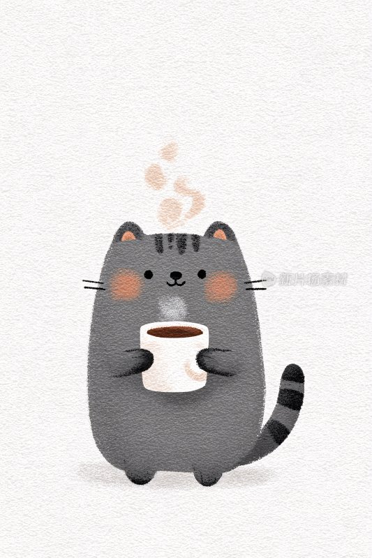 抱咖啡杯的可爱猫咪插画
