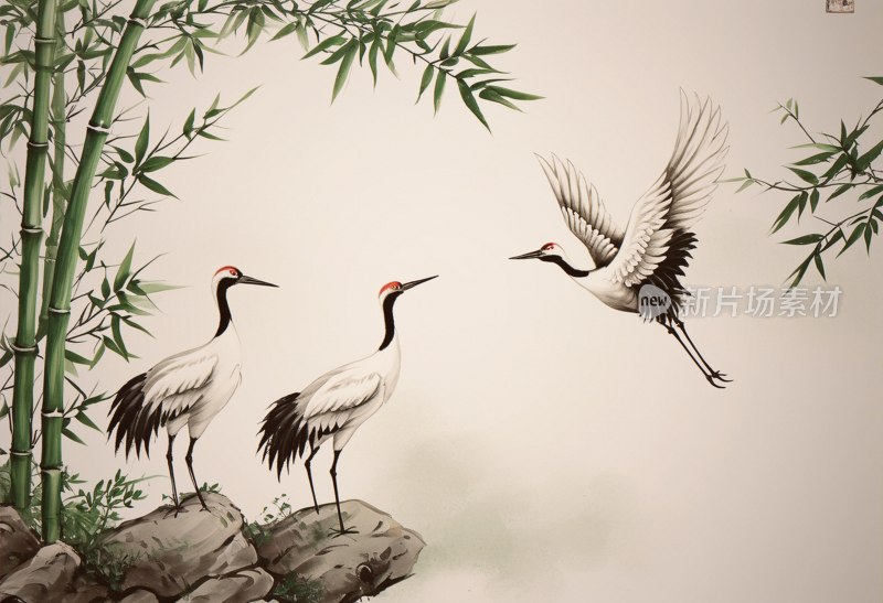 中国水墨竹鹤图