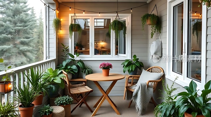 阳台绿意盎然温馨小桌椅静待休闲时光