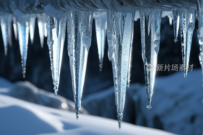 冰柱悬挂在雪地屋顶上高清背景图片