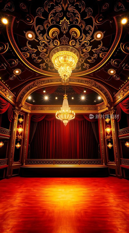 华丽剧院内部红木地板与金色吊灯交相辉映