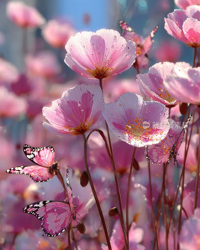 粉色花丛中的蝴蝶美景