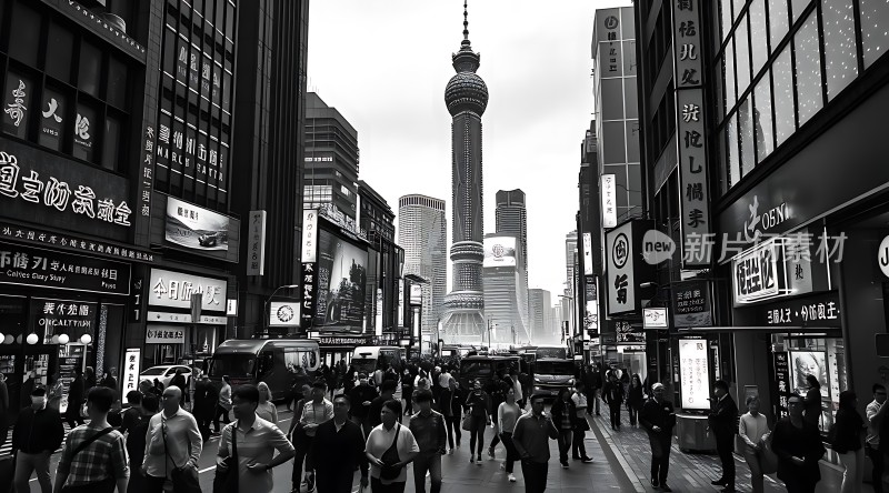 繁华都市街头摩天大楼耸立人群熙攘商业广告琳琅满目