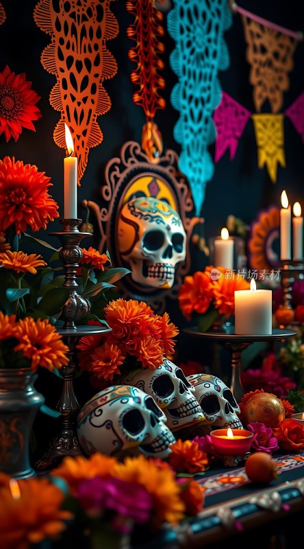 亡灵节祭坛蜡烛、骷髅与鲜花共舞