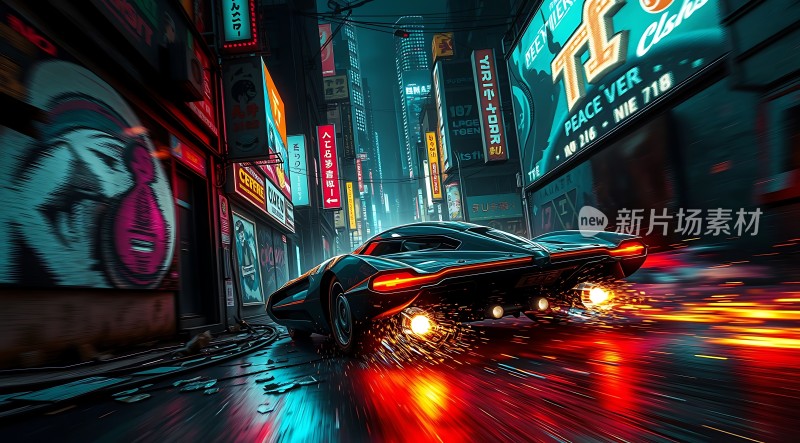 赛博朋克之夜疾驰的未来座驾