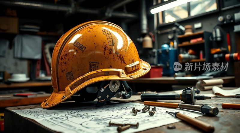 黄色安全帽与工具工作台