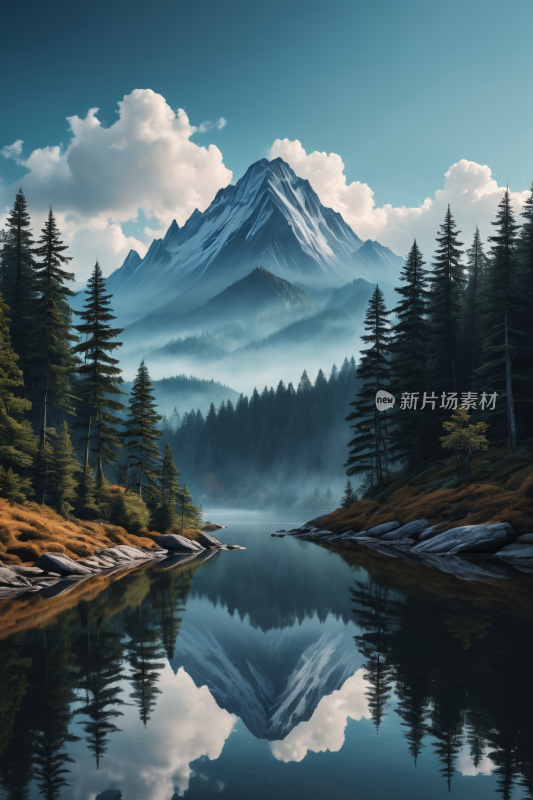 山和树倒映在一个仍然流动的湖中高清风景