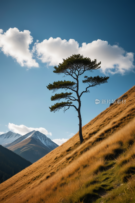 在草山上一棵孤树高高山清风景图片