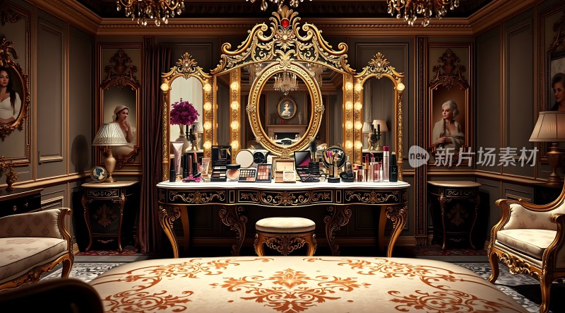 金色梳妆台上的化妆品