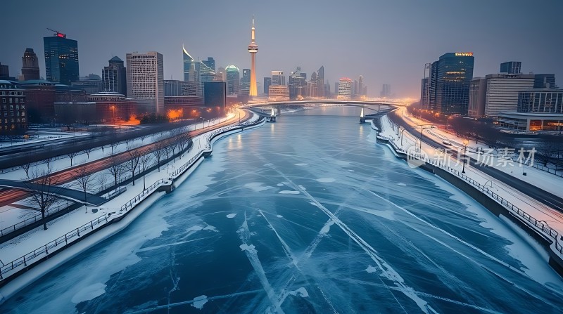 冰封黄浦江畔繁华都市夜景